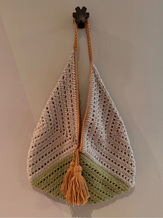 Handbags - Handcrafted Gray and Olive Crochet Shoulder Bag with Tan Tassel